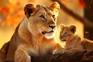 Golden Hour Majesty. Lioness and Cubs Wildlife Photograph. AI Generative photo