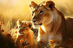 Golden Hour Majesty. Lioness and Cubs Wildlife Photograph. AI Generative photo