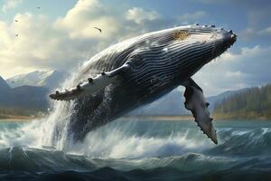 Humpback whale playfully swimming in clear blue ocean. AI Generative photo