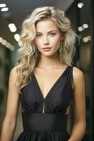 Portrait of most beautiful woman. Professional fashion model posing for modern magazine, demonstrate latest trends of fashion world and design. Ai Generative photo