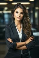 A Happy succesfull young businesswoman, female carreer concept. Modern office worker. Ai Generative photo