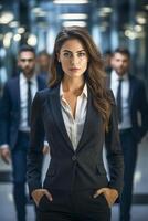 A Happy succesfull young businesswoman, female carreer concept. Modern office worker. Ai Generative photo