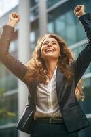 un contento exitoso joven mujer de negocios, hembra carrera concepto. moderno oficina obrero. ai generativo foto