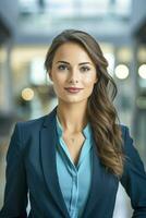 A Happy succesfull young businesswoman, female carreer concept. Modern office worker. Ai Generative photo