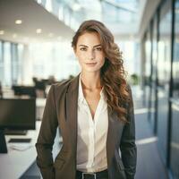 un contento exitoso joven mujer de negocios, hembra carrera concepto. moderno oficina obrero. ai generativo foto