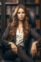 A Happy succesfull young businesswoman, female carreer concept. Modern office worker. Ai Generative photo