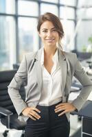 A Happy succesfull young businesswoman, female carreer concept. Modern office worker. Ai Generative photo