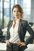 A Happy succesfull young businesswoman, female carreer concept. Modern office worker. Ai Generative photo