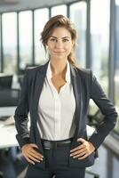 A Happy succesfull young businesswoman, female carreer concept. Modern office worker. Ai Generative photo