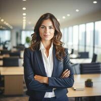 un contento exitoso joven mujer de negocios, hembra carrera concepto. moderno oficina obrero. ai generativo foto