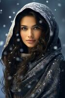 Ai generated portrait of beautiful young woman standing under the snow at winter time photo