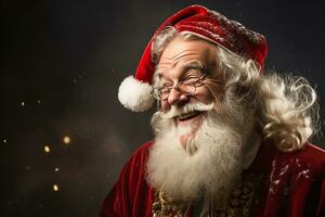 ai generado retrato de hermoso sonriente hombre en Papa Noel claus vistiendo foto