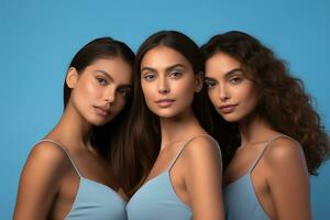 Ai generated Studio portrait of three few beautiful young woman standing together in hug on different colour background photo