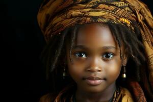 Ai generated studio portrait of cute little curly african girl on different colours background photo