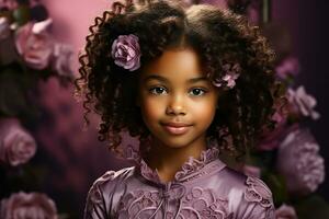 Ai generated studio portrait of cute little curly african girl on different colours background photo