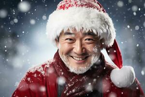 ai generado retrato de hermoso sonriente hombre en Papa Noel claus vistiendo foto