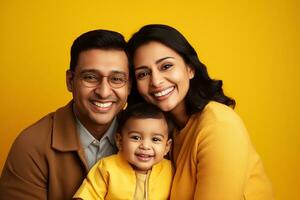 Ai generated Studio portrait of beautiful parents with infant baby holding on hands on different colours background photo