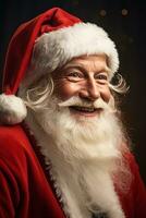 ai generado retrato de hermoso sonriente hombre en Papa Noel claus vistiendo foto