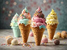 Close-Up of sweet ice cream cone whit various colors background Ai generated photo