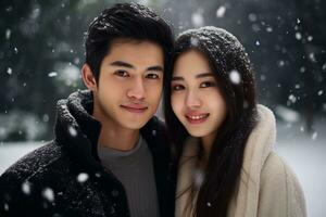 Ai generated portrait of beautiful smiling young couple man and woman standing under snowing photo