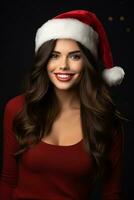 ai generado retrato de hermosa sonriente mujer en Papa Noel claus vistiendo foto