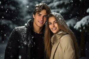 ai generado retrato de hermosa sonriente joven Pareja hombre y mujer en pie debajo nevando foto