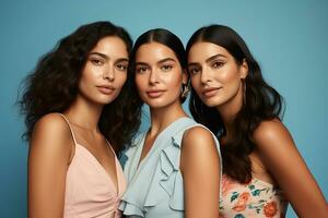 Ai generated Studio portrait of three few beautiful young woman standing together in hug on different colour background photo