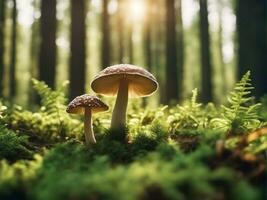 sano hongos en el campo verde soleado conífero bosque, antecedentes ai generativo foto