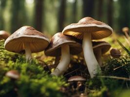 sano hongos en el campo verde soleado conífero bosque, antecedentes ai generativo foto