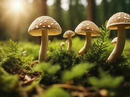 sano hongos en el campo verde soleado conífero bosque, antecedentes ai generativo foto