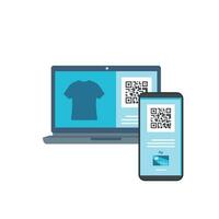 Online shopping contactless payment technology by scanning qr code from laptop using smartphone vector