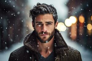 Ai generated portrait of handsome smiling man standing under the snowing photo