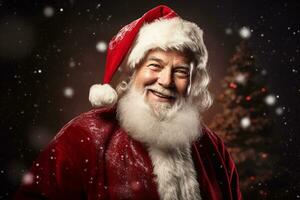 Ai generated portrait of handsome smiling man in santa claus wearing photo