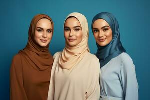 Ai generated Studio portrait of three few beautiful young woman standing together in hug on different colour background photo