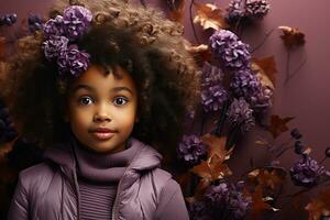 ai generado estudio retrato de linda pequeño Rizado africano niña en diferente colores antecedentes foto