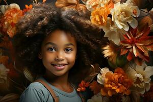 Ai generated studio portrait of cute little curly african girl on different colours background photo