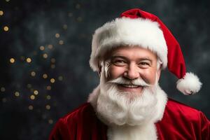 ai generado retrato de hermoso sonriente hombre en Papa Noel claus vistiendo foto