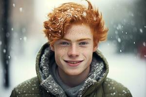 ai generado retrato de hermosa sonriente joven jengibre hombre en pie debajo nevando foto