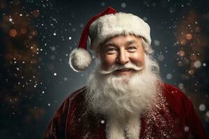 ai generado retrato de hermoso sonriente hombre en Papa Noel claus vistiendo foto