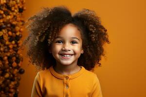 Ai generated studio portrait of cute little curly african girl on different colours background photo