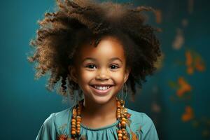 ai generado estudio retrato de linda pequeño Rizado africano niña en diferente colores antecedentes foto