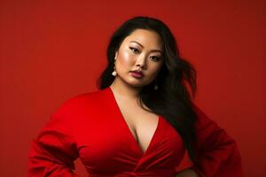 Ai generated Studio portrait of beautiful fat overweighted woman on different colour background photo