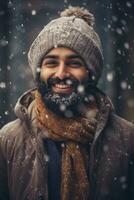 Ai generated portrait of handsome smiling man standing under the snowing photo