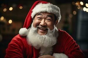 ai generado retrato de hermoso sonriente hombre en Papa Noel claus vistiendo foto