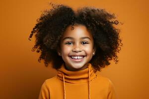 ai generado estudio retrato de linda pequeño Rizado africano niña en diferente colores antecedentes foto