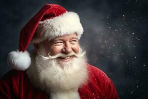 ai generado retrato de hermoso sonriente hombre en Papa Noel claus vistiendo foto