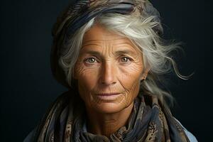 Ai generated studio portrait of trendy old elderly woman on different colour background in glasses and headphones photo