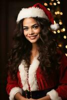 Ai generated portrait of beautiful smiling woman in santa claus wearing photo