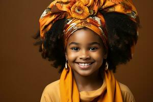 Ai generated studio portrait of cute little curly african girl on different colours background photo