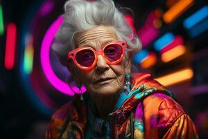 ai generado estudio retrato de de moda antiguo mayor mujer en diferente color antecedentes en lentes y auriculares foto